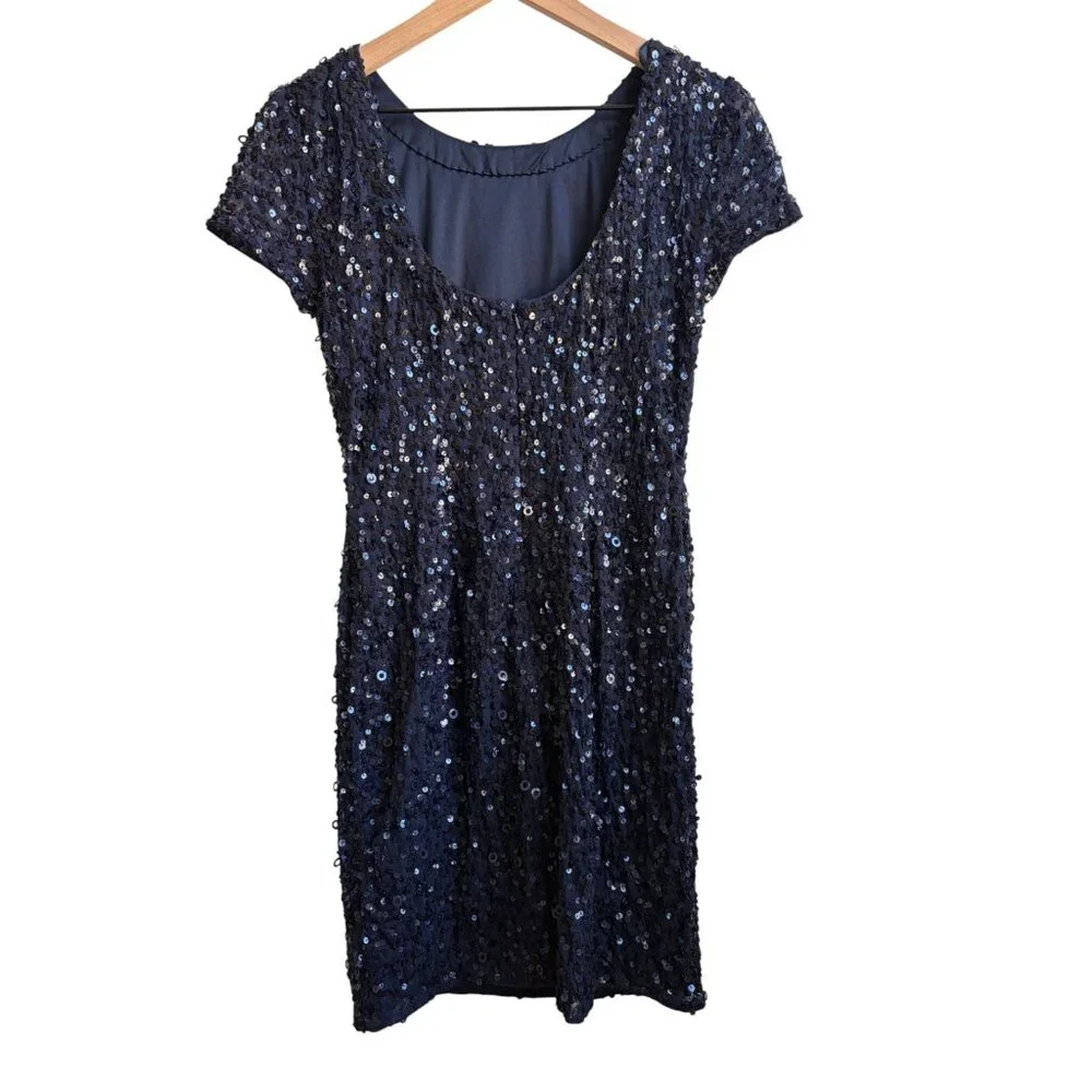 Adrianna Papell Short Sleeve Beaded Sequin Sheath Mini Dress Navy Size 6 - Picture 3 of 5